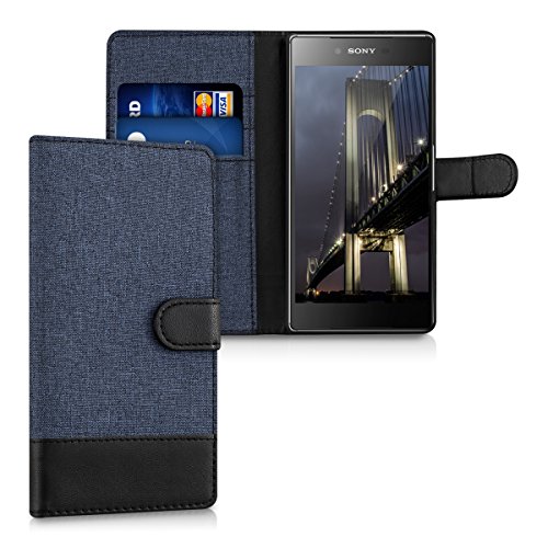 kwmobile Funda para Sony Xperia Z5 Premium - Carcasa de Tela y [Cuero sintético] - con Tapa y [Tarjetero] [Azul Oscuro/Negro]