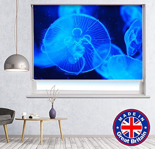 Photo Blind - Jelly Fish under the Sea Electric Blue Light Printed Picture Photo Roller Blind Blackout & Standard Fabric - Custom Made Printed Photo Blind