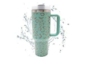 GAWENTINY 40 oz Reisebecher mit Strohhalm und Deckel, Doppelter Vakuumisolierter Kaffeebecher aus Edelstahl mit Henkel, Fassungsvermögen 1182ml Trinkflasche mit Strohhalm (Eukalyptus Leopard)