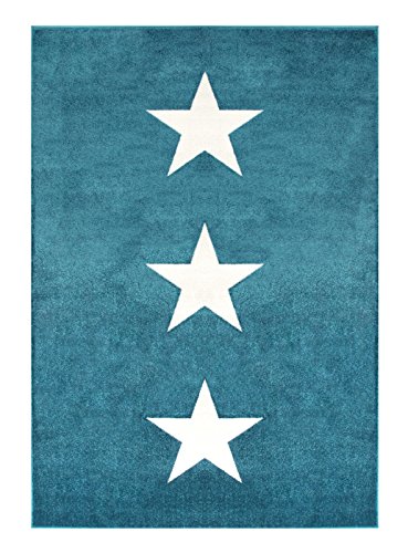 Wohnzimmer Teppich Blau Weiss mit Sternen | Teppiche m. ÖKO-TEX geeignet fürs Kinderzimmer oder Babyzimmer | Flache Kurzflor Läufer für Teenager Jugendzimmer mit Stern-Motiv, Größe:160×230 cm - 3