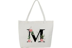 Blisswave Tote Bag Personalizada, Bolsas de Tela Personalizadas de la A a La Z con Nombre, 100% Lona de Algodón, Bellamente Impresa, Forrada, Regalo Personalizado para Mujer