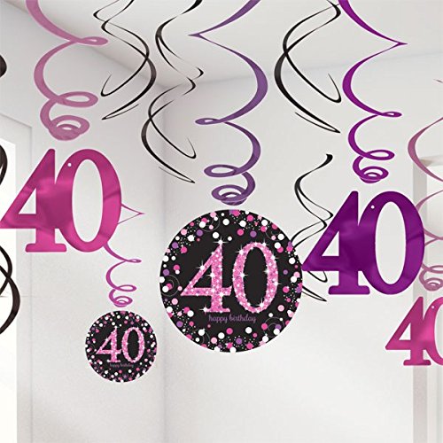 FesteFeiern® 12x Deckenhänger Swirl und Tischkonfetti zum 40 ten Geburtstag in pink schwarz rosa silber 40. birthday - 2