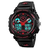 Herren Digital Sport Uhr 50M Wasserdicht Multifunktionale LED Outdoor Militär Uhr Tactical 24H Plastik Armbanduhr Kalender Datum EL Licht Analog Quarzuhr Doppel Zeit Stoppuhr Rot Zifferblatt