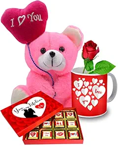 Midiron Chocolate Gift Pack with Teddy Bear, Printed Ceramic Coffee Mug ,Artificial Red Rose For Valentines Day, Chocolate Gift Pack, Chocolate gift for boyfriend, Girlfriend, Husband, Wife .