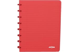 Atoma - Cahier A5 à Anneaux - Ligné 8mm avec Marge - 72 Feuilles Détachables (144 Pages) - Couverture en Polypropylène Recyclable - Rouge Transparent