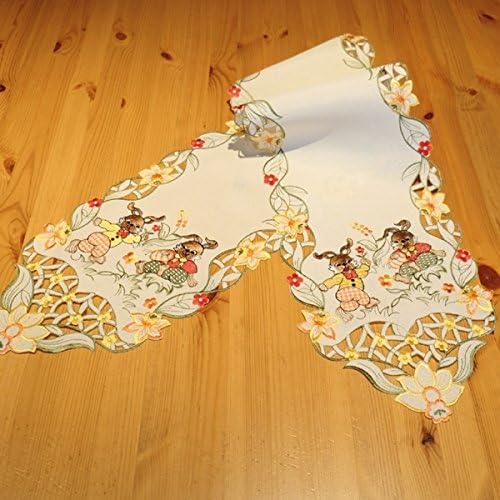 Natural-Coloured Table Runner Embroidered Easter Bunnies "(25 x 160 CM)
