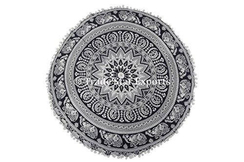 Runde Bodenkissen, Mandala Wurf Kissen- 32 „, Dekorative indische Puff, Große Ottoman, Pompon Außenkissenbezug - 4