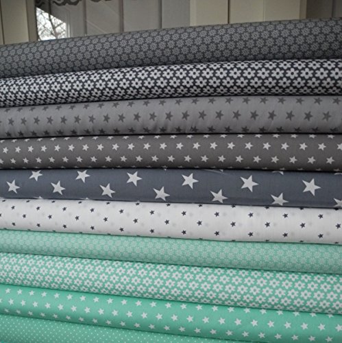 Lottashaus 10x Stoff Mint Türkis & Grau Sterne Stoffpaket No1 Stoffe Patchwork Shabby chic