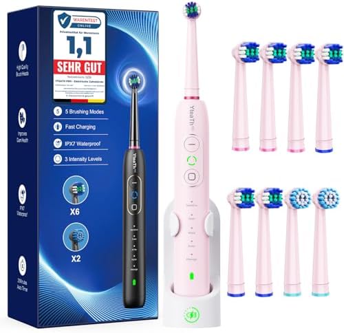 Spazzolino Elettrico Rotante per Adulti e Bambini - Spazzolino Denti Rotante 3 Intensità, 5 Modalità, 8 Testine, Impermeabile IPX7, Spazzolino Elettrico Da Viaggio Ricaricabile, Rosa