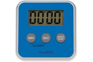 TimeTEX Horloge numérique compacte bleue - Chronomètre avec saisie précise de l'heure - Silencieux - Avec signal d'écoulement - Avec piles - 8 cm x 8 cm - 61923