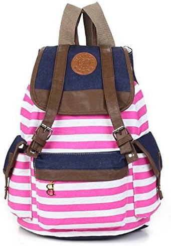 TININNA Vintage Stripe Casual Canvas Backpack Rucksack Daypack Shcool Bag College Bag for Teenage Girls Boys Pink