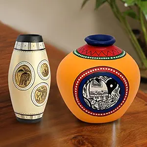 ExclusiveLane Handpainted Terracotta Vase (14 cm x 14 cm x 15 cm, Yellow, Natural White and Gold, Set of 2)