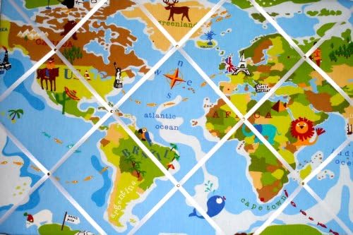 Extra Large Prestigious Blue Children's Animal World Map / Atlas Hand Crafted Fabric Notice / Pin / Memo Board