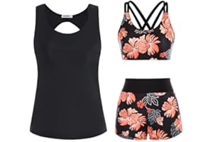 JASAMBAC Tankini Maillot De Bain Femme 3 PièCes pour Femme Imprimé Floral ContrôLe du Ventre Bikinis AthléTique Maillot De Bain Modeste Shorty
