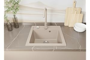 Faizee Möbel | Spülbecken Granit Beige 49x52 cm | Hochwertige Küchenspüle & Einbauspüle | Eckiges Spülbecken | Beidseitig montierbare Granitspüle | Einbaugranitspüle ab 45 cm | Inkl. Siphon-Set