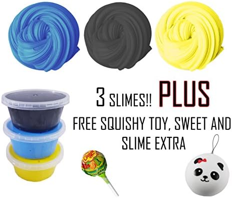 Fluffy Colourful Scented Slimes x 3 pack  - Blue, Yellow &amp; Black - PLUS  FREE SQUISHY TOY &amp; EXTRAS - Playful, soft and fun stress relief toy perfect for children &amp; adults, NO BORAX