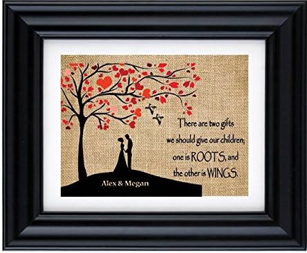 Roots and Wings personalized with couple name - Burlap Print, Baby Shower Gift, Nursery Print, Wedding Parent Gift, gift for couples- Burlap family sign-1 W(Frame Not Included)