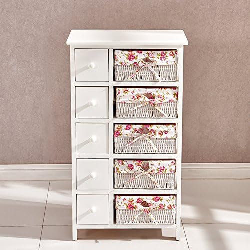 Willstone White Wooden Bedside Cabinet | Shabby Chic Chest of Drawers | Storage Cupboard Sideboard Furniture (5 Drawers 5 Baskets)