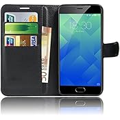 Pellicola Vetro Temperato per Meizu e altro ancora 9 Meizu M5 Custodia , Anzhao Flip Cover Portafoglio con Slot per Schede Protettiva Custodia in Pelle per Meizu M5 (Nero)