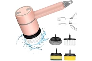 XUNNIU Spazzola Elettrica per Pulizia, Spazzola per Pulizia Rotante a 360°, Spazzola di Pulizia Portatile con 4 Testine Sostituibili, 3 Velocità Lavapavimenti Rotante, per Cucina Bagno,Rosa