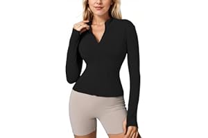 Memoryee Sudadera de Manga Larga y Blusa de Ombligo para Mujeres, Camiseta de Fitness de Yoga Running Sports, con Cremallera Media y Agujero en el Pulgar
