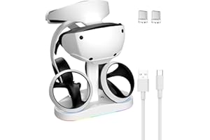 CHARM FOCUS Charging Station for PSVR 2, Vertical PlayStation VR2 Headset Display Stand, Dual PSVR2 Controller Charging Dock with LED Indicator, 9 RGB Light Modes