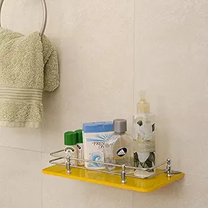 Klaxon Decor Back Painted Bathroom Front Glass Shelf / Wall Shelf Chrome Finish with Railings (12 6 Inches)