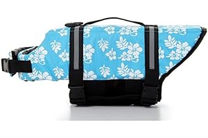 SHTGOI Giubbotto di salvataggio riflettente per cani con manico di salvataggio per animali domestici, giubbotto di salvataggio per cuccioli, gilet di sicurezza per nuoto, canottaggio, acqua, fiori blu