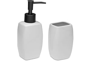 TIENDA EURASIA – Set Jabonera y Portacepillos | Material Cerámica y Plástico | Medidas 5x4.5x17 cm | Jabonera Baño | Vaso Cepillo de Dientes Baño (Blanco)