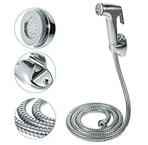 TOTAL HOME ABS Plastic Chrome Finish Toilet Shattaf Adapter Sprayer Bidet Shower Head Wall Bracket Holder and Shower Hose Set, Faucets 1 Quart, Silver