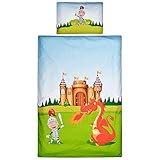 Aminata Kids – süße Kinderbettwäsche Bettwäsche Kinder Ritter 100×135 cm KINDERBETTGRÖSSE Baumwolle Ritter Jungen Drache Ritterburg bunt - 2