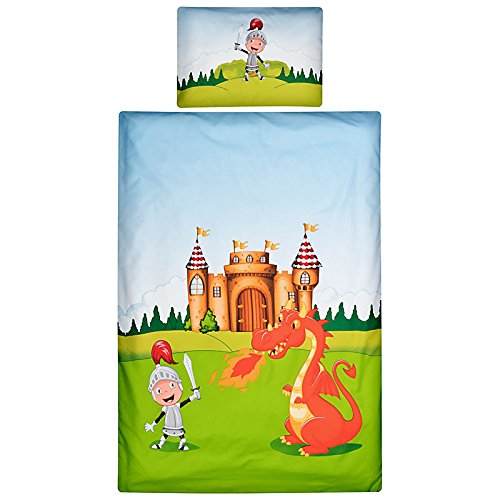 Aminata Kids – süße Kinderbettwäsche Bettwäsche Kinder Ritter 100×135 cm KINDERBETTGRÖSSE Baumwolle Ritter Jungen Drache Ritterburg bunt - 2