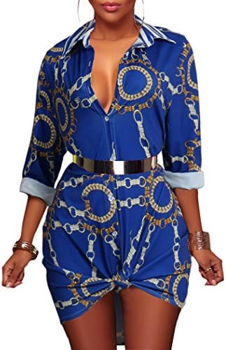 Hemkry Women Button Down Collar Dashiki Floral Long Shirt Blouse Mini Dress Top