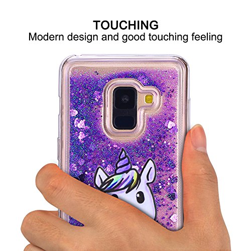 Cover per Samsung A8 2018 Custodia, Moevn Unicorno 3D Glitter Liquido Trasparente Sabbie Mobili Morbida TPU Silicone Bling Sparkle Quicksand Antigraffio Antiurto Protezione Case per Samsung Galaxy A8 2018 Smartphone (Viola)