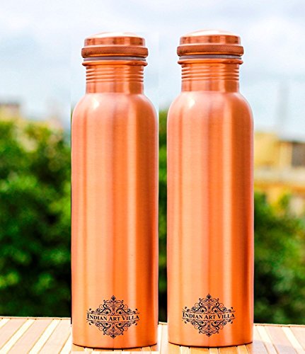 INDIAN ART VILLA Matt Finish Lacqour Coated Anti Tarnished Leak Proof Set of copper bottles 1 litre with New Designed Lid, Travel Essential, Drinkware, 2 Pieces
