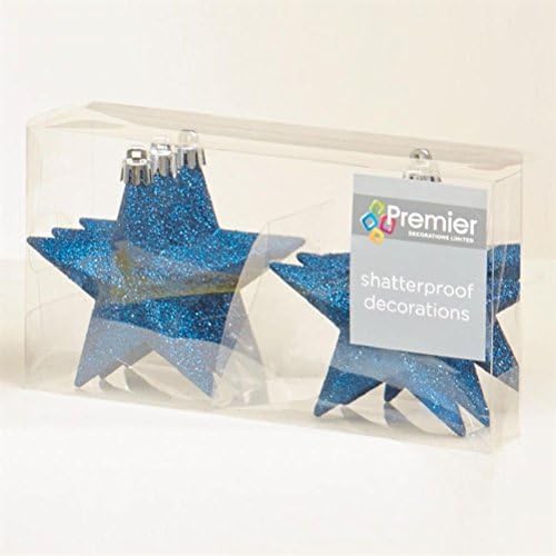 Christmas Tree Decoration 6 Pack 100mm Shatterproof Glitter Stars - M Blue