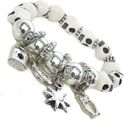 Chunky White Mexican Skull Beads and Multiple Charms Elasticated Design Unisex Whirlybird Fantastic Fashionable Trendy Bracelet Band perfect for the Beach Summer Music Festival New