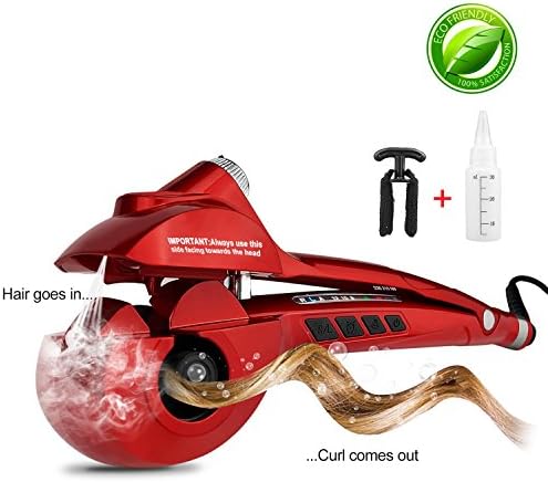 Hair Curler, AshleyBeauty Ceramic Professional Hair Steam Curler Curling Iron Wand Salon Auto Curl Spiral Machine Rotating Styling Automatic Steam Hair Curlers with LED Display (red)