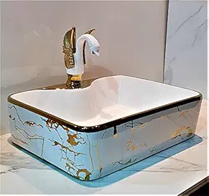 B Backline Ceramic Table Top Vessel Sink Wash Basin & Mixer Tap Hot & Gold for Bathroom & Living Room 48 X 37 X 14 cm (Gold White Basin)