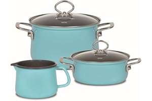 Riess, 0520-037, zestaw startowy, zestaw garnków, NOUVELLE kryształowy niebieski, 3-częściowy, garnek do mięsa 20 cm, rondel ze szklaną pokrywką 16 cm, garnek z dzióbkiem 12 cm, zestaw garnków, zestaw garnków do gotowania, naczynia do gotowania