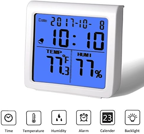 Home Thermometer, Indoor Outdoor Thermometer, Backlit Clock, Thermometer Hygrometer, Digital Temperature Gauge with Backlit LCD Screen, Alarm Clock, Min/Max Records for Indoor outdoor Use, Home, Warehouse, White, KioiKioi