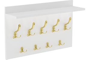HWS FURNITURE Wandgarderobe Weiß mit 9 Golden Haken, Wandregal, Wandmontierte Garderobe für Flur, Schlafzimmer, Büro, Loft-Stil