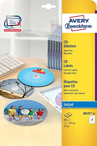 Avery Zweckform J8676-50 CD Labels (Pack of 25 Sheets, Quick Drying, Ø 117 mm 25 Sheets White)