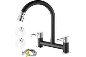 Maynosi Kitchen Sink Mixer Tap, Kitchen Bridge Mixer Tap, 2 Hole (180 mm Centers) Deck Mounted Faucet, Twin Levers Faucet with 2 Function Aerator, 1/4 Turn, 360° Swivel Spout, Brass, Matte Black