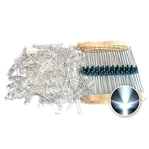 Tenflyer Luz blanca 5mm LED Diodo + Resistencia 100 piezas en 1 Set