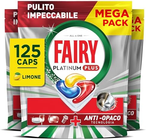 Fairy Platinum Detersivo Pastiglie Lavastoviglie Plus Complete, Brillantante, 125 Capsule, Limone, Tecnologia Anti-Opaco, Contro Il Grasso e le Incrostazioni Ostinate Anche Nei Cicli Brevi