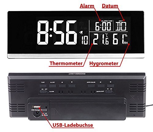 infactory Tisch-Funkwecker mit Thermometer, Hygrometer und USB-Ladebuchse, 2 A - 2