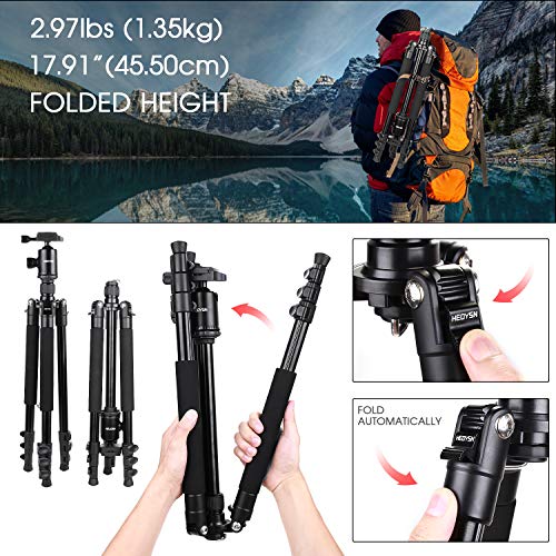 HEOYSN Trípode Cámara Réflex, Trípode Profesional 160cm de Aluminio con Rótula de Bola Placa Rápida Liberación Trípode Compacto, Peso 1.35kg, MAX: 8kg, Compacto para Canon Nikon Olympus Pentax DSLR