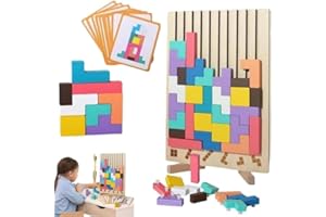 AZAZAZA Wood Stacking Puzzle Toy, 3D Montessori Wooden Stacking Puzzles Toy, Wooden Puzzle Board Geometric Builiding toys, Stress Relief Colorful Block Game with 10 Cards for Adults and Kids