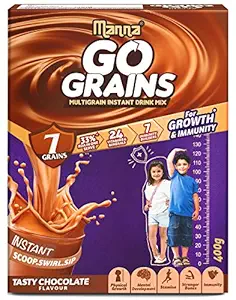 Manna Go Grains, 400g - Instant Multigrain Health & Nutrition Drink for Kids (Chocolate Flavour). 7 Grains, 24 Nutrients for Growth, 7 Immunity Builders